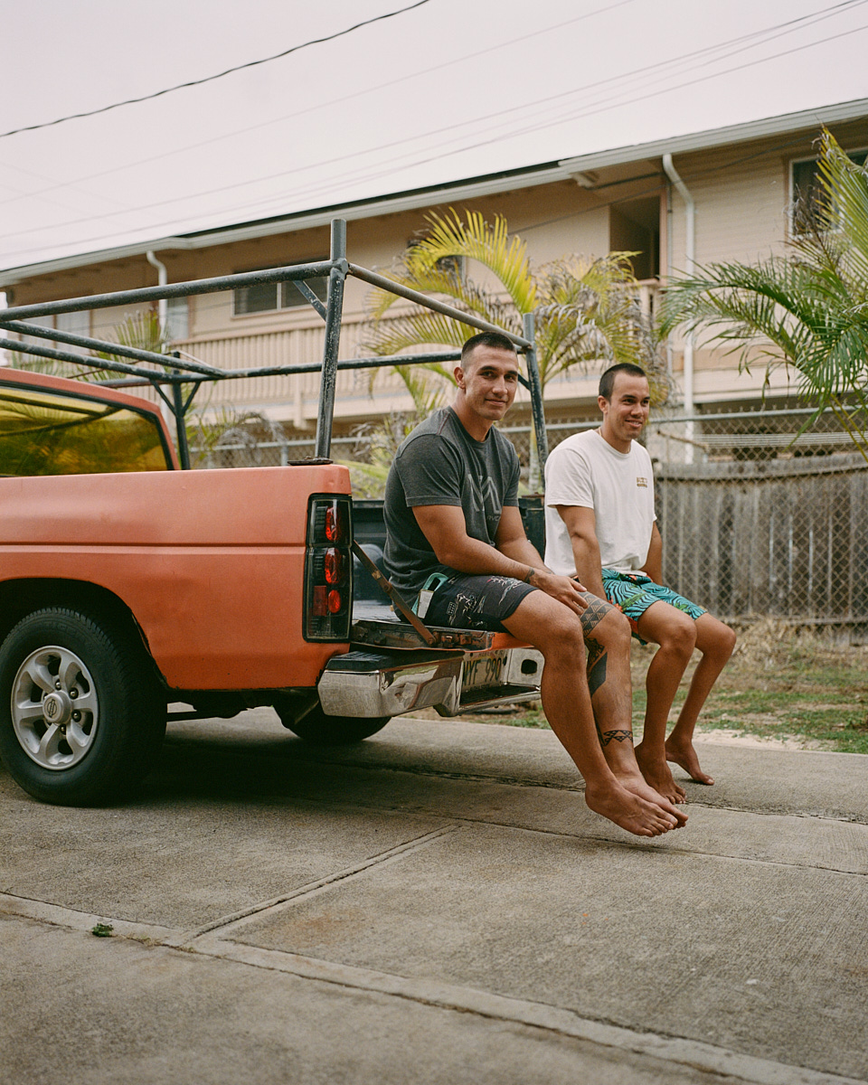 Shot on Kodak film on location in Hawaii, documentary portrait of a local surfer, waterman, and traditional Hawai